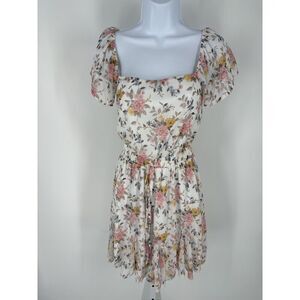 Francesca's Boho Cream Floral Mini Puff Sleeve Square Neck Dress